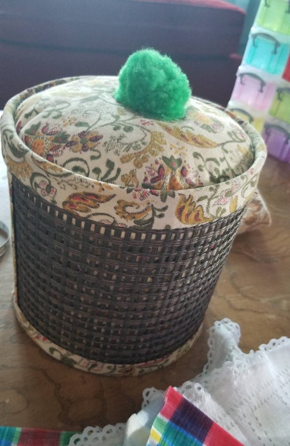 Vintage Sewing Basket Unique Mid Century Sewing & Craft Storage Wicker  Knitting Basket Craft Bin Scissors Holder With Pin Cushion 