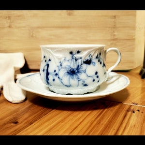 Antique Fine China Cup and Saucer Collectible Blue & White Floral with Relief