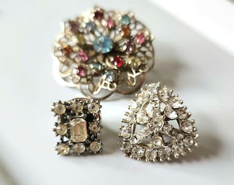 Vintage Scatter Brooch Pins  Brilliant Rhinestones Silvertone or Goldtone Uranium Glass Rhinestone Accent Jewelry