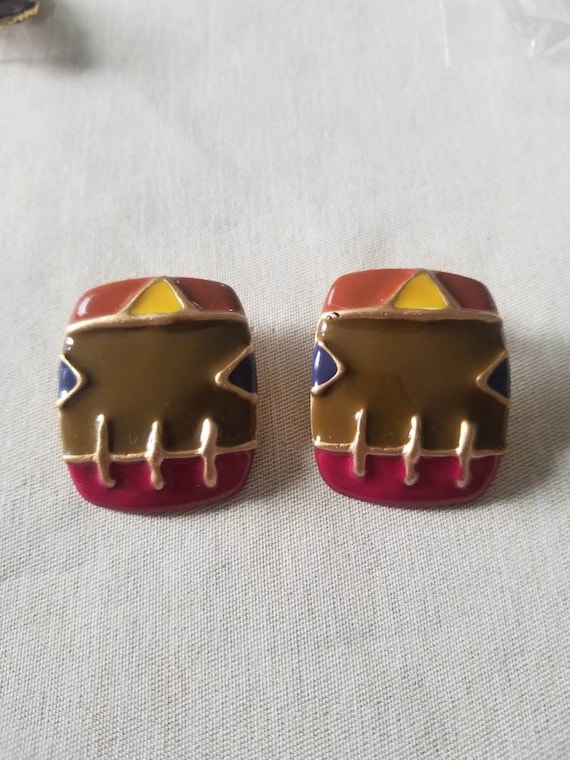 Vintage Colorful Enamel Earrings Large Bold Goldto