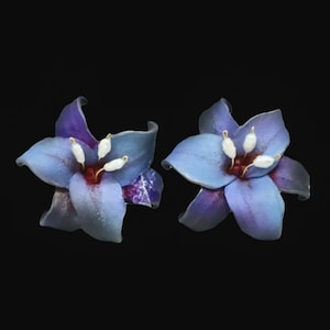 Vintage Purple Flower Earrings Handmade Leather & Freshwater Pearl Lily Earrings Artisan Jewelry