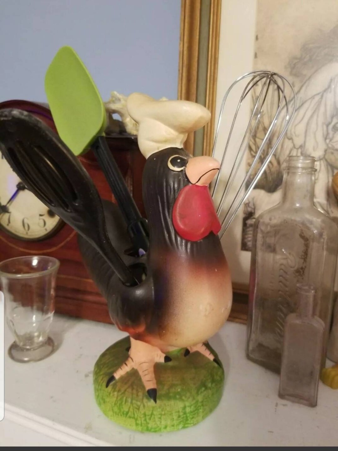 Vintage Ceramic Rooster Utensil Holder Large Hand Painted Rooster