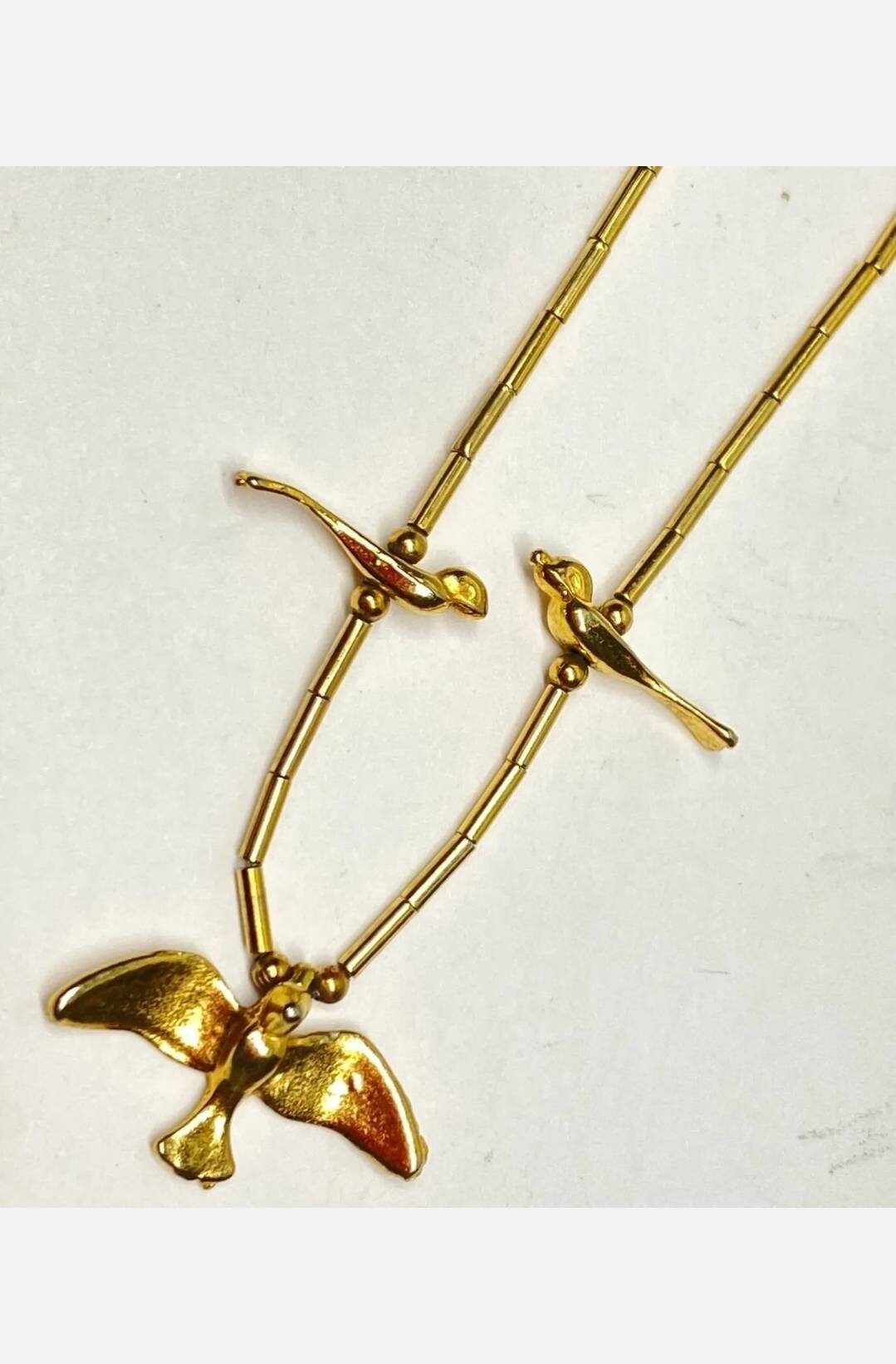 Vintage Native American Bird Necklace Gold on Silver Fetish