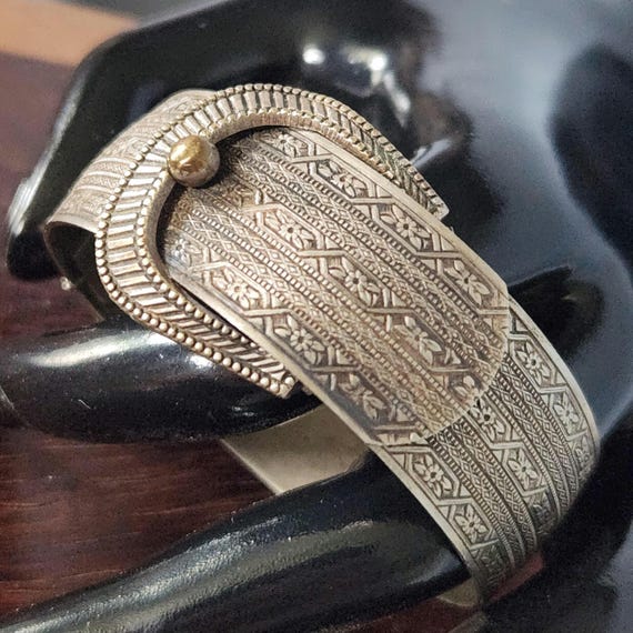 Antique Silver Buckle Bracelet Hinged Bangle Vict… - image 3