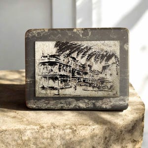 Vintage 1940s Signed Alec Stern ORIGINAL Etching Paperweight Rare Art Marble Slab