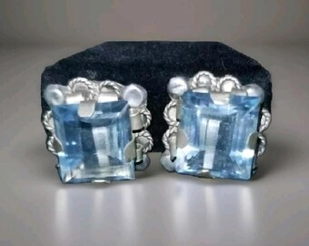 Amazing Vintage Silver and Aquamarine Earrings Big Stone Sparkle Sterling Silver Screw Back Earrings Big Blue Bling