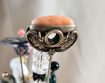 Victorian Coral Hatpin Antique Brass Hatpin 9.5" Extra Long Vintage Accessory