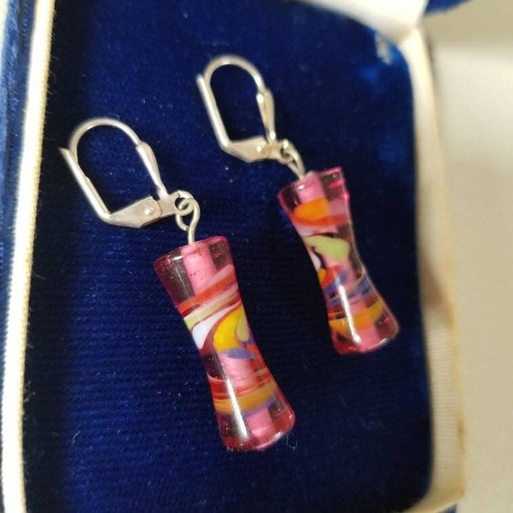 Vintage Pink Art Glass Dangle Earrings Colorful E… - image 4