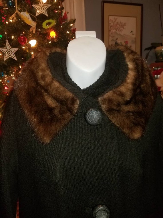 Vintage Black Wool Swing Coat 1950's Fur Collar C… - image 3