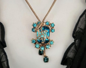 Vintage Gold & Aquamarine Glass Necklace: Mid Century Modern Lariat