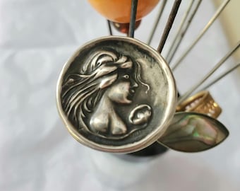 Art Nouveau Sterling Silver Lady Portrait Hatpin 7.25" Antique Millinery Accessory