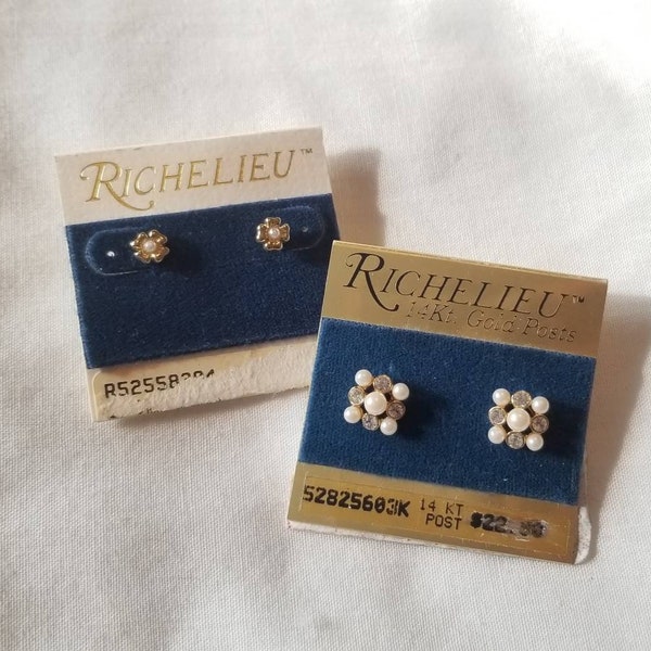 Vintage Richelieu Earrings New Old Stock Faux Pearl 14k Gold Post Earrings **YOU PICK** Classic Dainty Studs Rhinestone Earrings