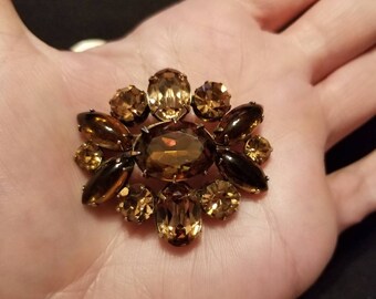 Vintage Rootbeer Glass Brooch Amber Brown Peach Rhinestone Brooch Pin Mid Century Modern Jewelry