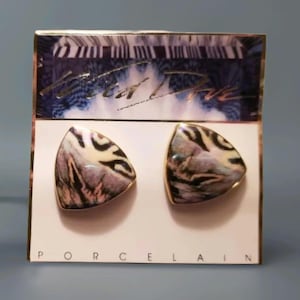 Vintage Wild Dove Porcelain & 22k Gold Earrings Geometric Layered Enamel New Old Stock 1980s Jewelry