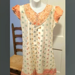 Vintage A-Line 1960s/70s Tunic Dress Large Colorful Polka Dot Intricate Embroidery Sequined Trim Lined