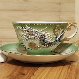 Antique Japonisme Moriage Dragon Ware Cup & Saucer with Geisha Lithopane Lime Green Teacup