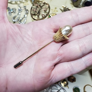 Vintage Hatpin Goldtone & Pearl Stick Pin Mid Century Modern Accessory