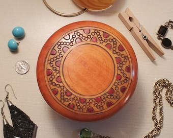 Vintage Round Wood Trinket Box Jewelry Box Hand Carved Box Eclectic Home Decor Orange Home Accents