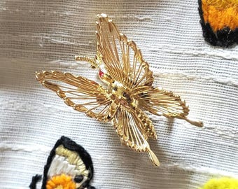 Vintage Gold Butterfly Trembler Brooch Pin Mid Century Modern Jewelry