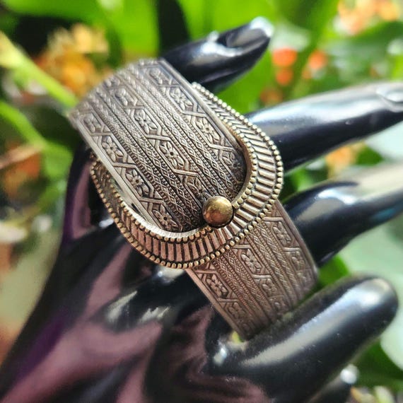 Antique Silver Buckle Bracelet Hinged Bangle Vict… - image 11