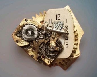 Vintage Watch Part Brooch: Upcycled Artisan Collage Jewelry