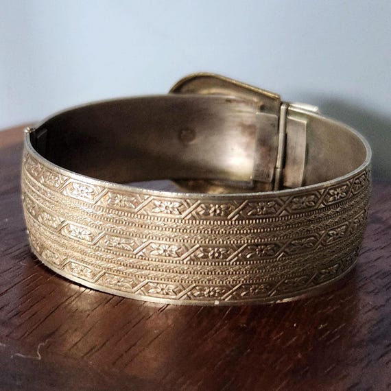 Antique Silver Buckle Bracelet Hinged Bangle Vict… - image 4
