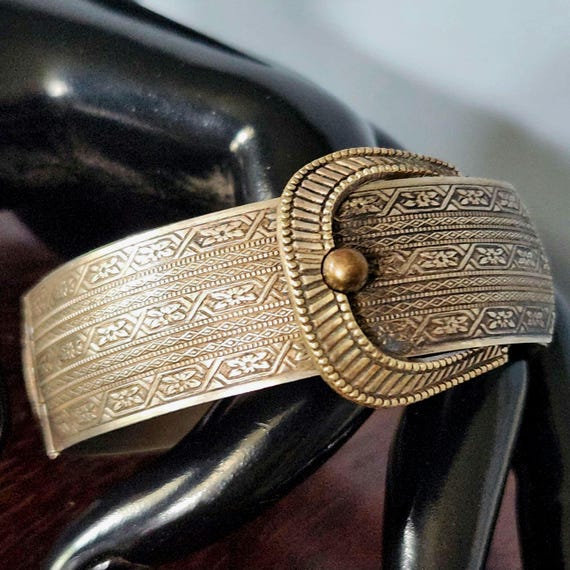 Antique Silver Buckle Bracelet Hinged Bangle Vict… - image 10