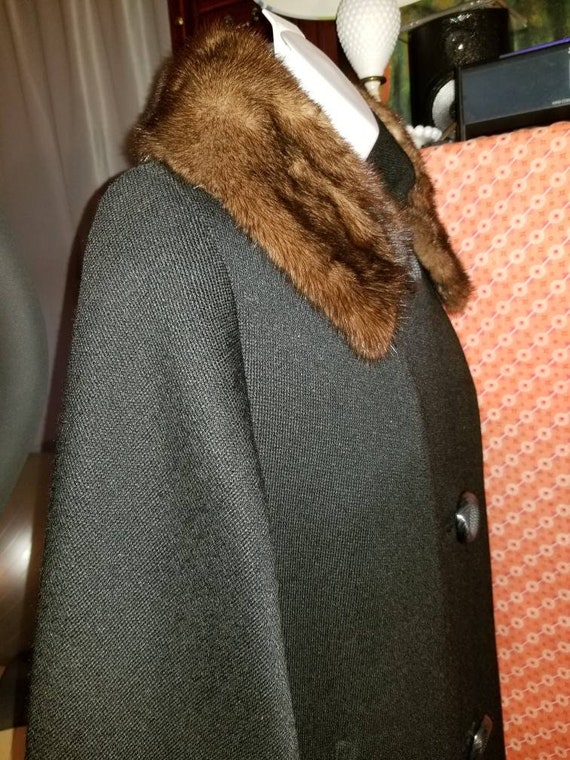 Vintage Black Wool Swing Coat 1950's Fur Collar C… - image 5