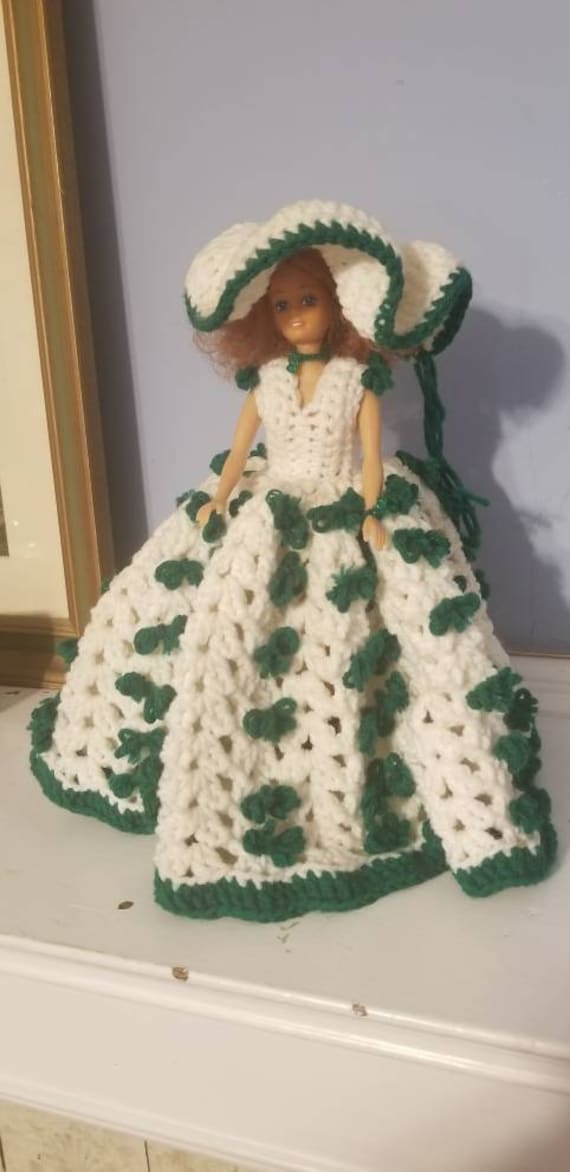 Vintage Doll in Crochet Gown Faux Barbie Handmade Clothing Crochet
