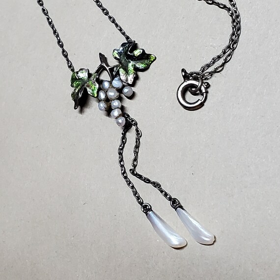 Antique Silver Pearl Enamel Necklace Edwardian Ne… - image 2