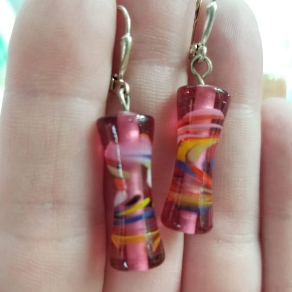 Vintage Pink Art Glass Dangle Earrings Colorful E… - image 2