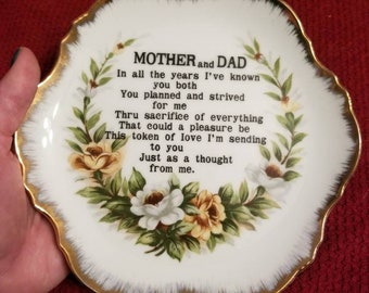 Vintage "Mother and Dad" Plate Sweet Poem Plate Scalloped Gilded Edges