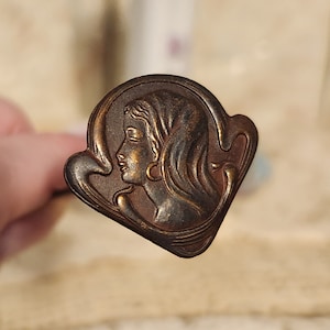 Vintage Art Nouveau Hatpin Girl with Earring Portrait Hatpin 9&quot; Long Antique Hatpin