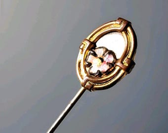 Antique Gilt Mirror Stick Pin Rare Victorian Enamel Hatpin Floral Lapel Pin