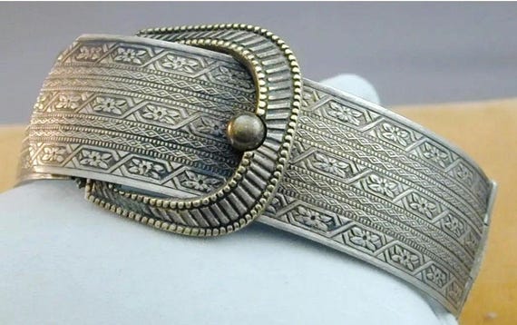 Antique Silver Buckle Bracelet Hinged Bangle Vict… - image 6