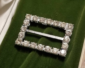 Vintage Belt Buckle Slide Accessory Rhinestone Slide Buckle Scarf Slide 2" Silvertone Rectangle Art Deco Buckle