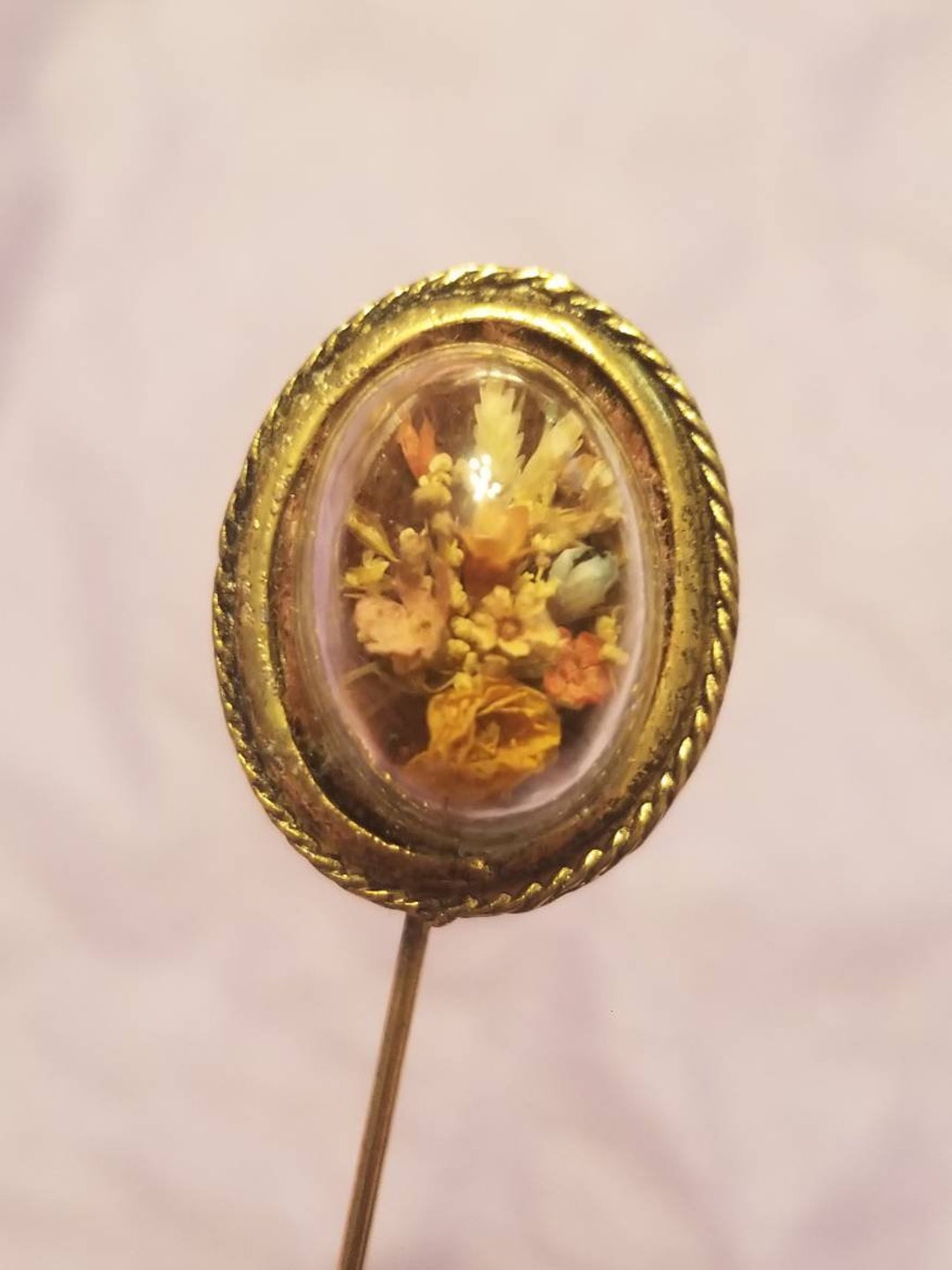 Vintage Dried Flower Stick Pin Rare Real Flowers Behind Dome Pin Brooch ...