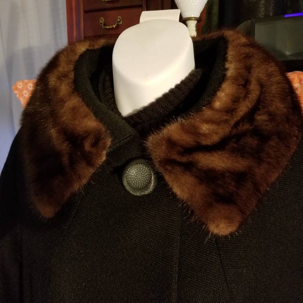 Vintage Black Wool Swing Coat 1950's Fur Collar Coat Forstmann Women's M/L Winter Outerwear Fully Lined Jacket