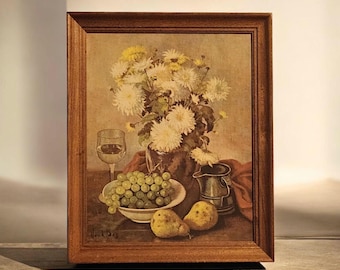 Still Life Print by Henk Bos 1960s Framed Flower & Grapes Art Wall Decor