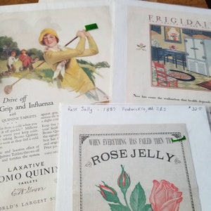 Vintage 1928 Frigidaire & Bromo Quinine Print Ads + 1887 Rose Jelly Circular