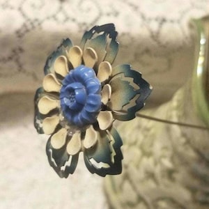 Vintage Flower Hatpin Extra Long 11&quot; Large Blue & White Tiered Metal Antique Accessory