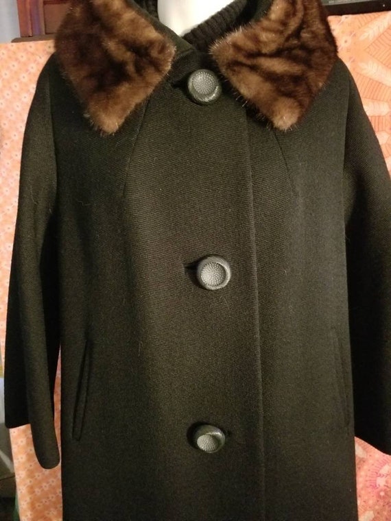 Vintage Black Wool Swing Coat 1950's Fur Collar C… - image 2