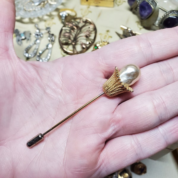 Vintage Hatpin Goldtone and Pearly Stick Pin Mid Century Modern Accessory