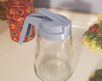 Vintage Glass Syrup Dispenser Gemco 12 oz. Pitcher Mid Century Modern Clear Glass Sugar Serving Pitcher with Blue Lid & Handle