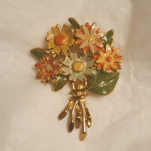 Vintage Enamel Flower Brooch Pin Colorful Bouquet Goldtone 2.5&quot; Mid Century Modern Jewelry