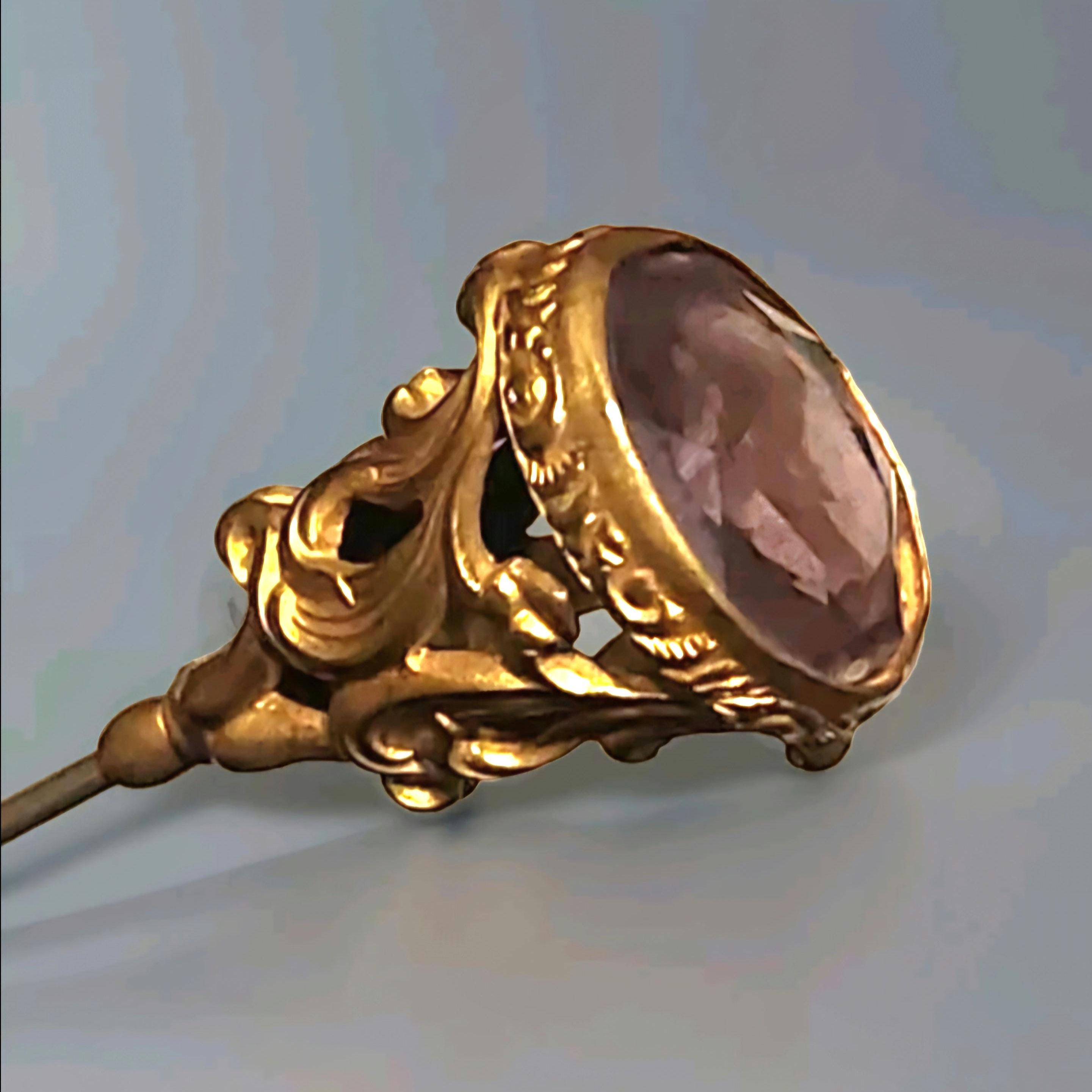 Antique Purple Glass & Brass Hatpin 9" Long Ornate Gilt Victorian Era Accessory