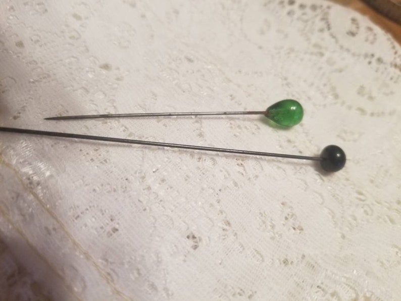 Victorian Glass Hat Pins Lot of 2 Simple Hatpins Black and Green