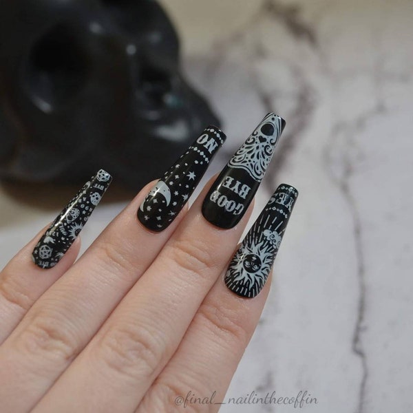 PRESS ON NAILS - Ouija Board Nails | Halloween Nails | Black Nails | Coffin Nails | Acrylic Nails | Faux Nails | Goth Nails | Fake Nails |