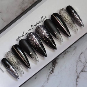 PRESS ON NAILS - | Spider Nails | Black Nails | Goth Nails | Stiletto Nails | Faux Nails | Glitter Nails | Halloween Nails | Gothic Nails |