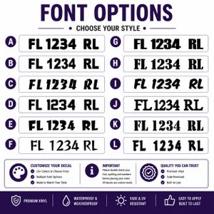May include: A graphic showcasing font options for decals, featuring various styles for text like "FL 1234 RL." The image includes customization details, such as color choices and vinyl quality, along with a note to double-check font and spelling.